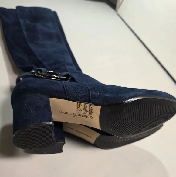 Karl Lagerfeld Navy Suede  Stretch Knee Boots 7.5M Block Heel - Picture 13 of 15
